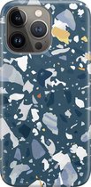 Apple iPhone 13 Pro Telefoonhoesje - Premium Hardcase Hoesje - Dun en stevig plastic - Met Marmerprint - Terrazzo - Donkerblauw
