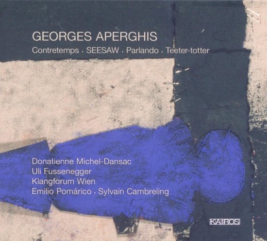 Albumhoes met abstracte blauwe en zwarte verfstreken. Titel: GEORGES APERGHIS. Onder de artiesten: Donatienne Michel-Dansac, Uli Fussenegger, Klangforum Wien.