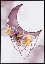 Poster illustratie van roze halve maan en bloemen - 13x18 cm
