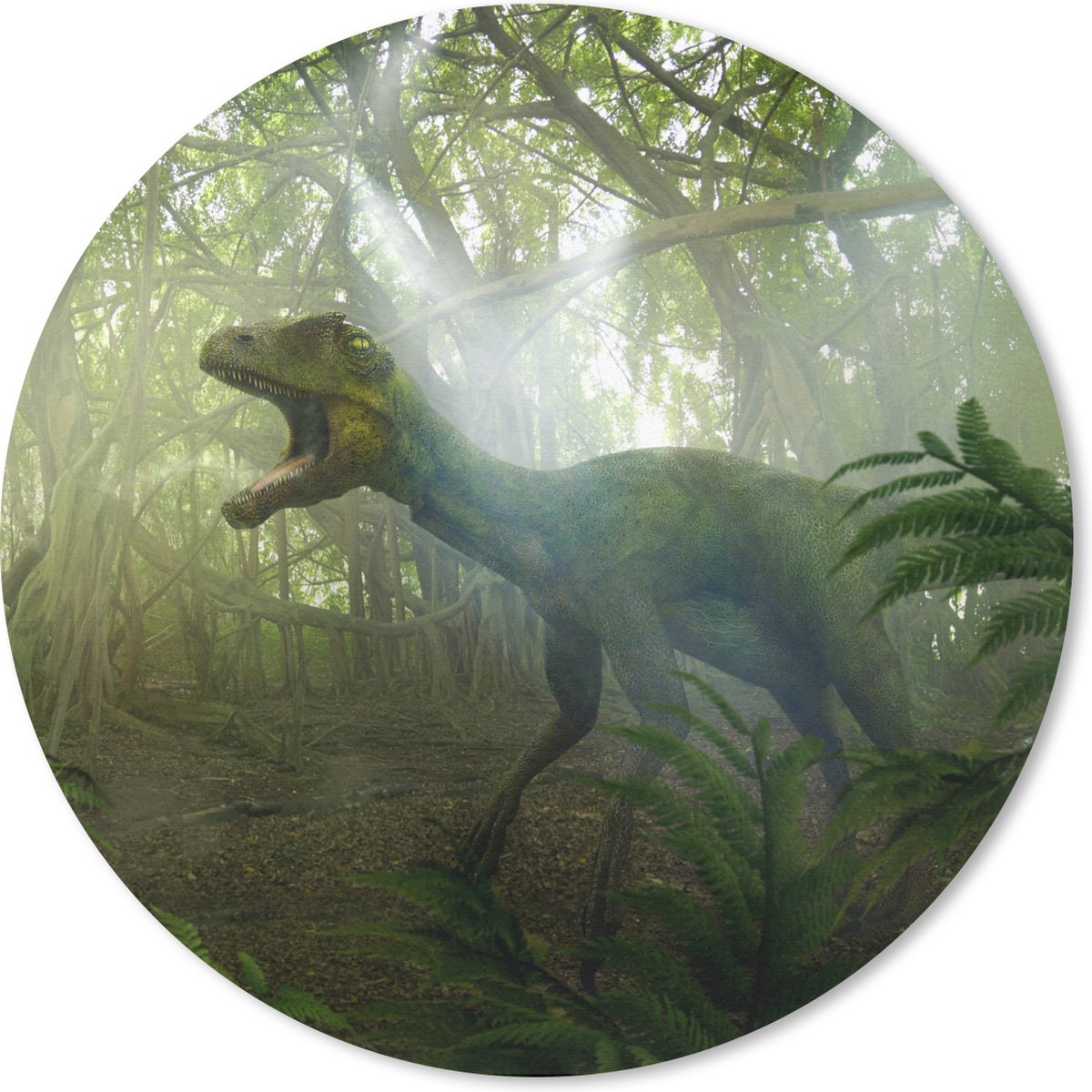Muismat - Mousepad - Rond - Dinosaurus - Jungle - Planten - 40x40 cm - Ronde muismat