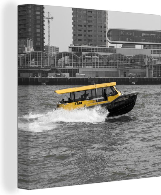 Canvas Schilderij Zwart-wit foto van een boot in het Nederlandse Rotterdam - 20x20 cm - Wanddecoratie