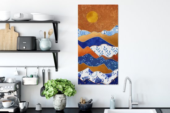 Peinture sur Toile Blauw de Delft - Or - Fleurs - 40x80 cm - Décoration murale