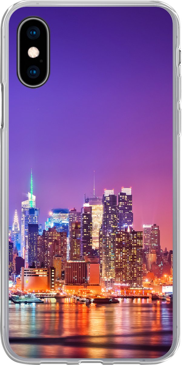 Telefoonhoesje Geschikt voor iPhone X hoesje - New York - Skyline - Paars - Siliconen Telefoonhoesje Telefoonhoesje