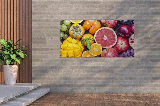 Tuinposter 160x80 cm - Tuindecoratie Fruit - Regenboog - Kleuren - Poster voor in de tuin - Buiten decoratie - Schutting tuinschilderij - Tuindoek muurdecoratie - Wanddecoratie balkondoek