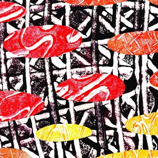 Abstract patroon met rode, oranje en gele ovalen op een zwart-witte achtergrond met lijnen.