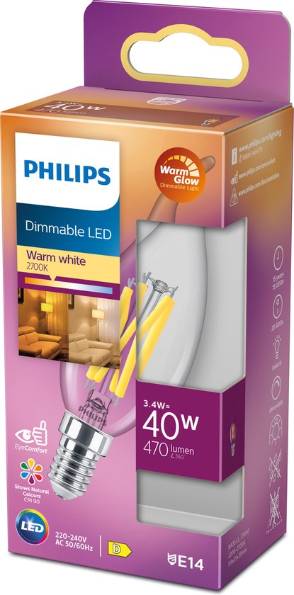 Philips LED kaarslamp - E14 kaarslamp - 3.4W (40W) -2700K - Warm wit - Dimbaar