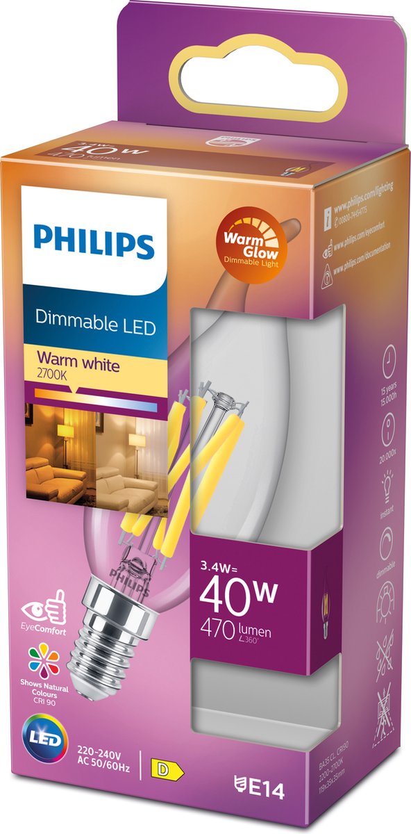 Philips E14 ampoule LED à filament bougie WarmGlow dimmable 3,4W (40W)  Philips