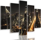 Trend24 - Canvas Schilderij - Dubai Skyline 'S Nachts - Vijfluik - Steden - 150x100x2 cm - Oranje