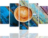 Trend24 - Canvas Schilderij - Koffie - Vijfluik - Voedsel - 100x70x2 cm - Blauw