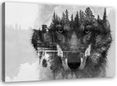 Trend24 - Canvas Schilderij - Wolf In Het Bos - Schilderijen - Dieren - 100x70x2 cm - Grijs