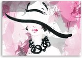 Trend24 - Canvas Schilderij - Vrouw In Een Hoed - Schilderijen - Glamour - 120x80x2 cm - Roze