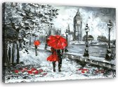Trend24 - Canvas Schilderij - Londen In De Regen - Schilderijen - Steden - 90x60x2 cm - Rood