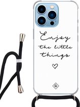 iPhone 13 Pro hoesje met koord - Enjoy life | Apple iPhone 13 Pro crossbody case | Zwart, Transparant | Tekst