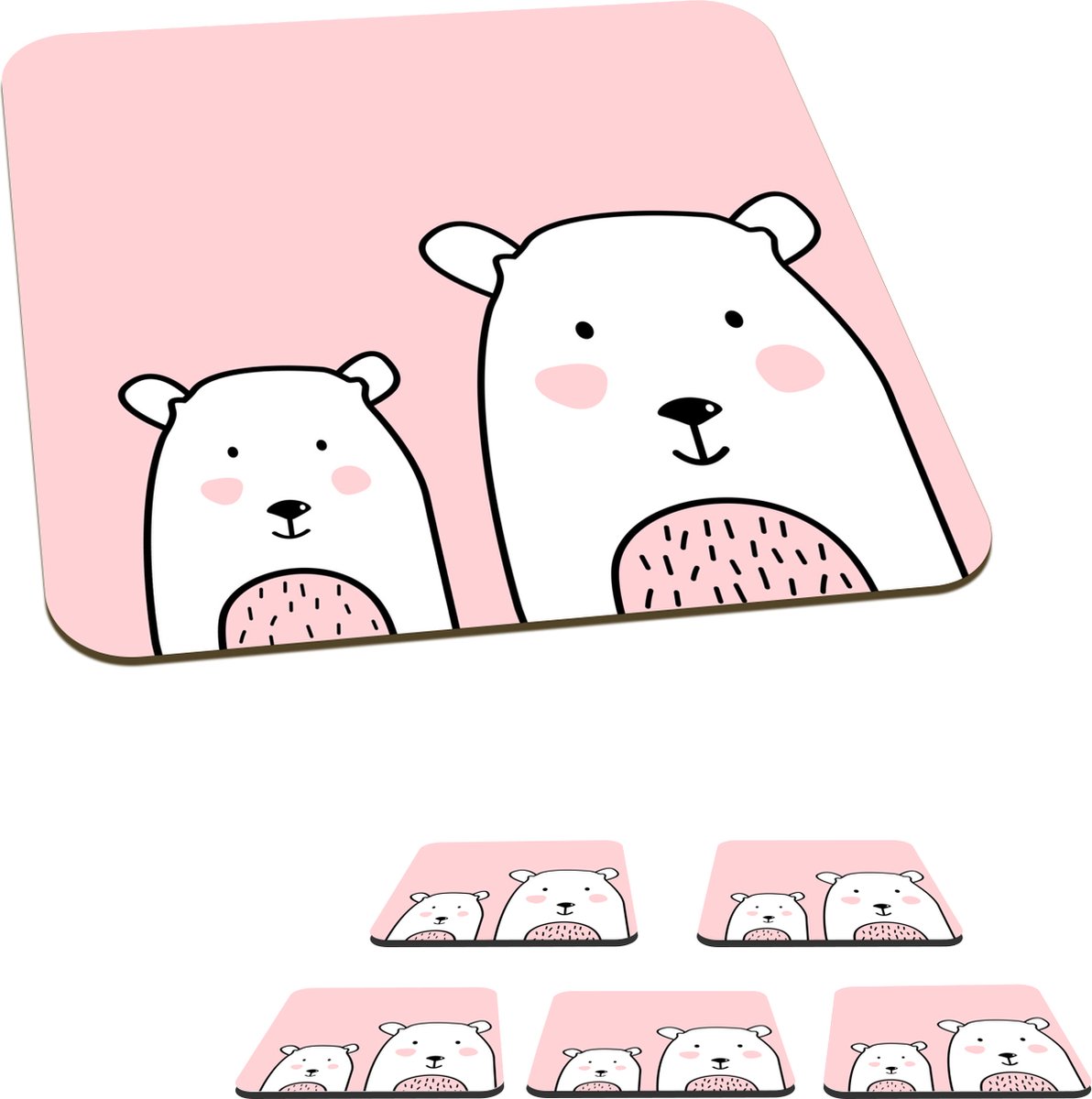 Onderzetters voor glazen - Beer - Roze - Pastel - 10x10 cm - Glasonderzetters - 6 stuks