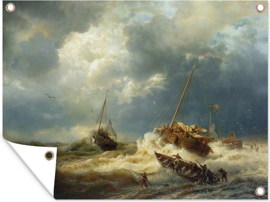 Schepen in een storm aan de Nederlandse kust - schilderij van Andreas Achenbach