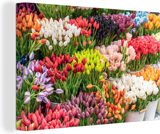 Canvas Schilderij Bloemen - Tulpen - Kleuren - 90x60 cm - Wanddecoratie