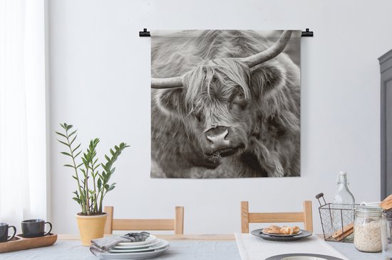Wandkleed - Wanddoek - Schotse Hooglander - Zwart - Wit - Hoorns - 90x90 cm - Wandtapijt
