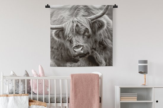 Wandkleed - Wanddoek - Schotse Hooglander - Zwart - Wit - Hoorns - 90x90 cm - Wandtapijt