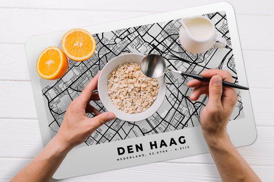 Placemat - Placemats kunststof - Kaart - Den Haag - Zwart - Wit - 45x30 cm - 6 stuks - Hittebestendig - Anti-Slip - Onderlegger - Afneembaar