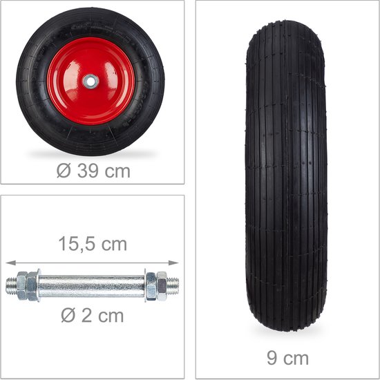 Relaxdays kruiwagenwiel - 4.80/4.00-8 - luchtband - stalen velg - met as - tot 120 kg - zwart-rood van Relaxdays — afbeelding 5