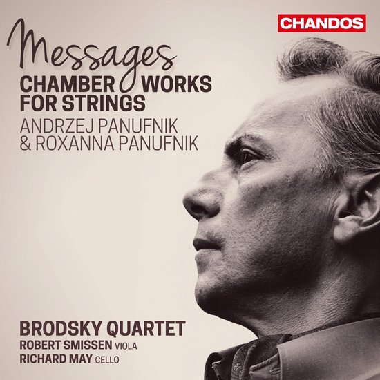 Cd-hoes met portret van de componist Andrzej Panufnik. Titel: Messages. Chamber Works for Strings. Opname door Brodsky Quartet.