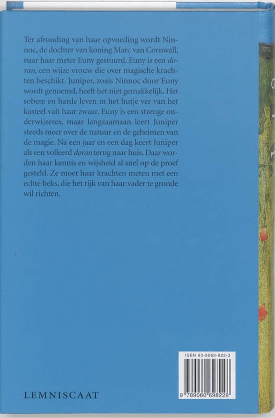 Achterkant boek 'Juniper', met blauwe achtergrond en tekst in het Nederlands. ISBN 90-6069-822-3.