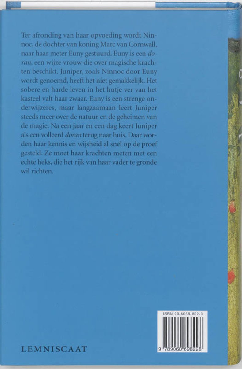Achterkant boek 'Juniper', met blauwe achtergrond en tekst in het Nederlands. ISBN 90-6069-822-3.