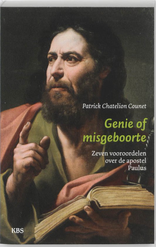 Boek cover Genie of misgeboorte. Afbeelding van de apostel Paulus met boek. Door Patrick Chatelion Counet.