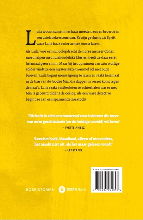 Achterkant van boek 'De brieven van Mia' met gele achtergrond en Nederlandse tekst.