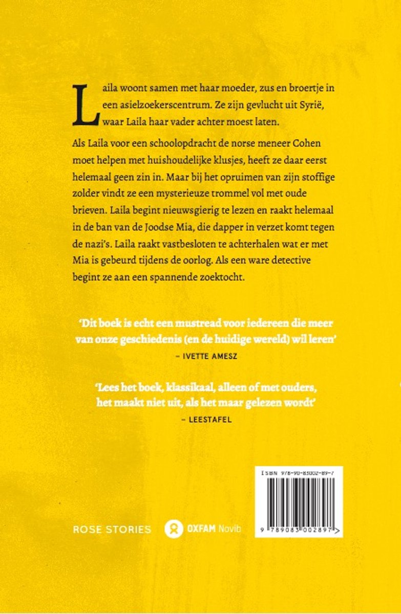 Achterkant van boek 'De brieven van Mia' met gele achtergrond en Nederlandse tekst.