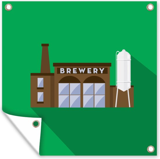 Tuinposter 100x100 cm - Tuindecoratie Illustratie bierbrouwerij op groene achtergrond - Poster voor in de tuin - Buiten decoratie - Schutting tuinschilderij - Tuindoek muurdecoratie - Wanddecoratie balkondoek