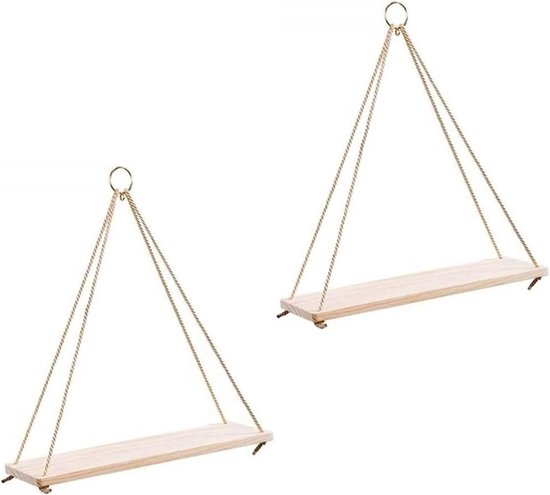 Ibenzoa® Set van Twee Boho Wandplanken van Hout Zonder Boren met Handgeweven Macramé
