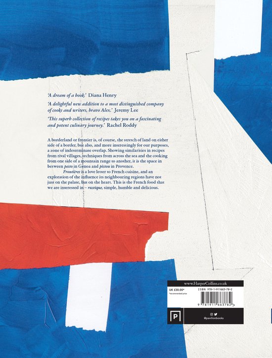Boekomslag met collage van rode, witte en blauwe stof en papier. Tekst: 'Frontières'. HarperCollins.co.uk ISBN 978-1-913557-78-2.