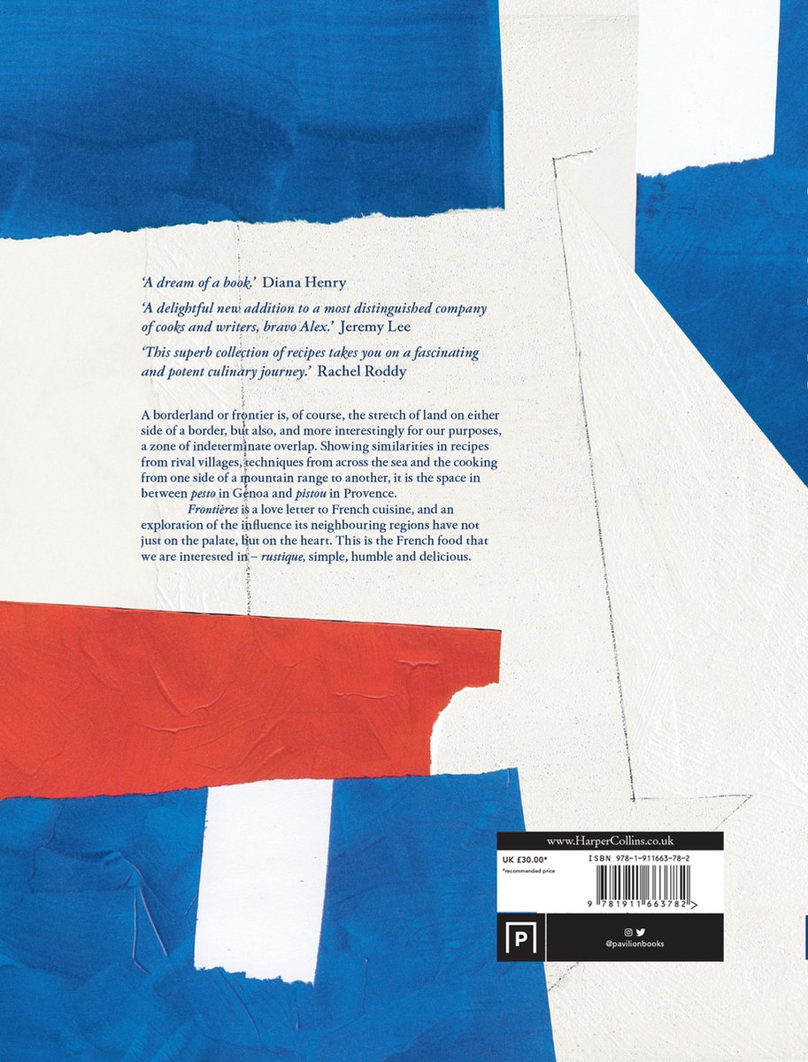 Boekomslag met collage van rode, witte en blauwe stof en papier. Tekst: 'Frontières'. HarperCollins.co.uk ISBN 978-1-913557-78-2.