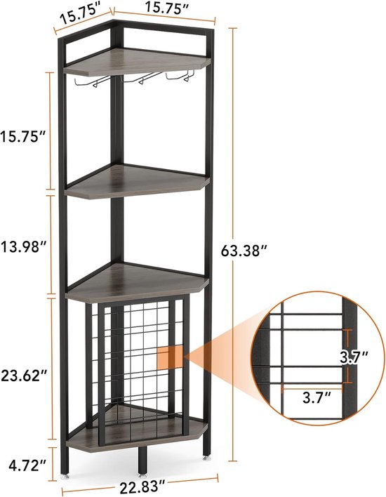Afmetingen van een industrieel hoekwijnrek met 4 niveaus, 40 cm breed, 40 cm diep, 160 cm hoog, met diamanten vakken voor flessen.