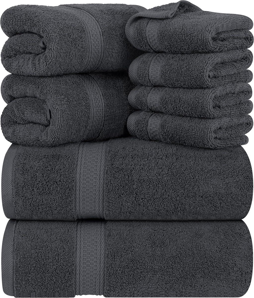 Image of 8-Delige Handdoekset - 2 badhanddoeken 2 handdoeken en 4 Washandjes - Katoen Hotelkwaliteit - Grijs