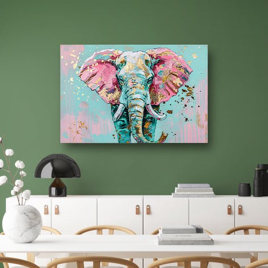 Olifant portret - Dieren schilderijen - Canvas schilderij Spetters - Wanddecoratie landelijk - Canvas keuken - Woonkamer accessoires canvas 70x50 cm
