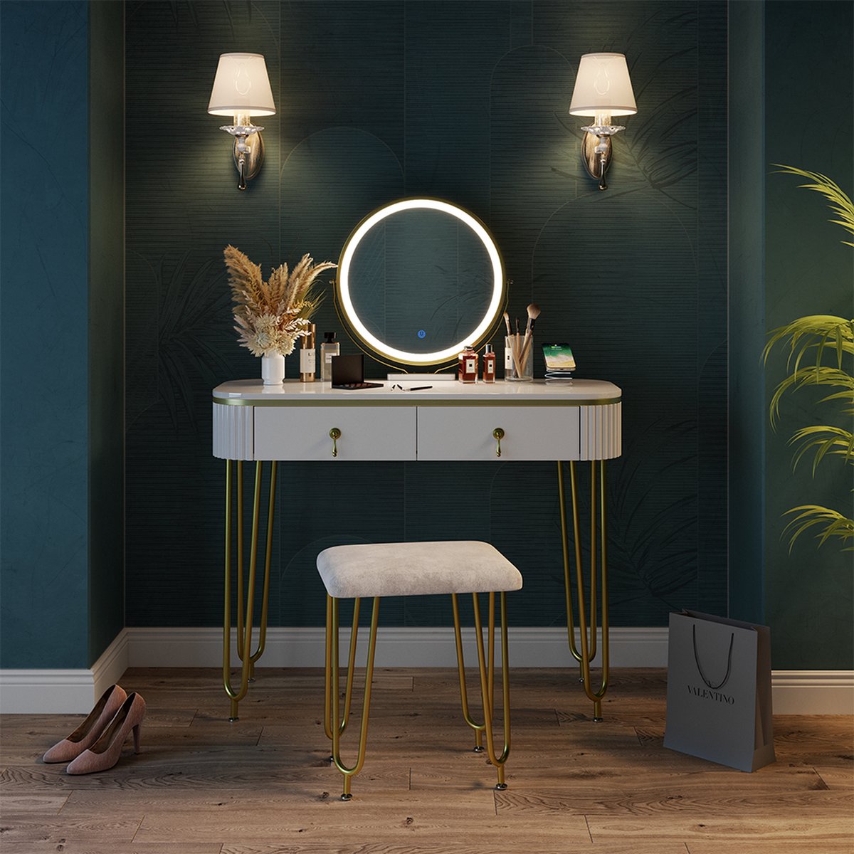 Coiffeuse Grace vert foncé + tabouret & miroir LED