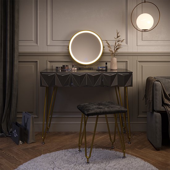 Vicco Kaptafel set met kruk Ruby, Zwart, 100 cm met LED-spiegel en krukje