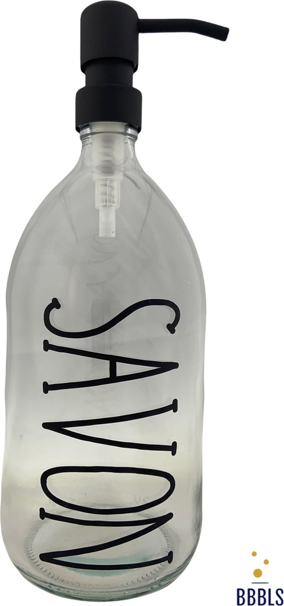 BBBLS® Design Dispenser "Savon" | Transparant Glas | 1 liter | RVS / Metaal Pomp Zwart | Zeeppomp | Zeepdispenser | Zeephouder