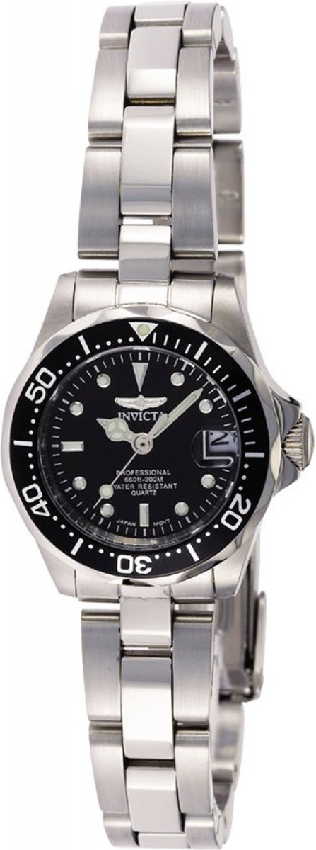 Invicta Pro Diver 8939 Dames Horloge - Waterdicht - Analoog - Quartz Uurwerk - Roestvrij Staal met zwarte Wijzerplaat - 24mm