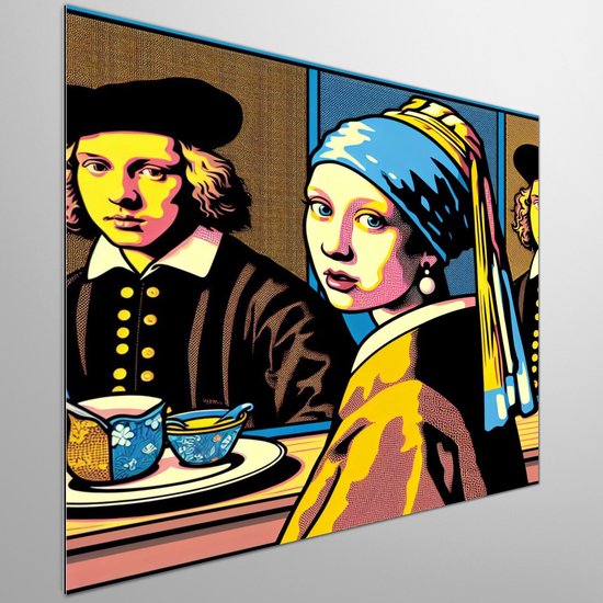 Pop art vermeer schilderij | Moderne meesterwerk: een eigentijdse ode aan de Hollandse meester | Kunst - 100x100 centimeter op Dibond | Foto op Dibond