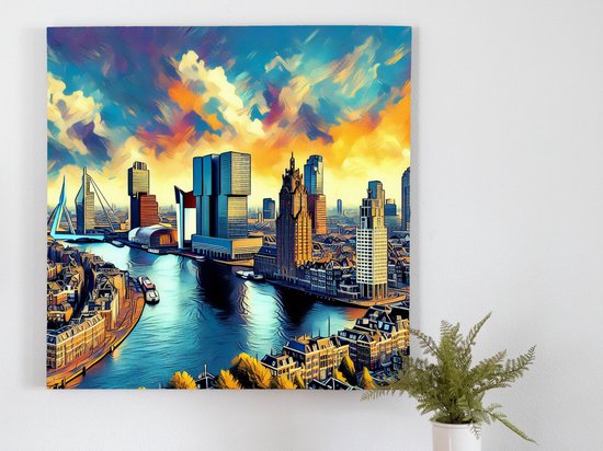 Acryl rotterdam schilderij | Rotterdamse skyline in levendige kleuren, vereeuwigd op doek | Kunst - 30x30 centimeter op Canvas | Foto op Canvas