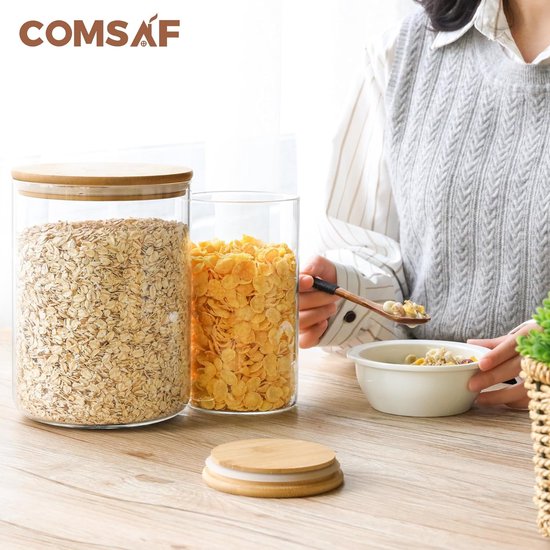 Belle vous glazen pot met luchtdicht deksel - Bamboe deksel - 1100 ml voorraad pot - Voor koekjes, snoeppot, bloem, koffie, bonen of thee - Glas