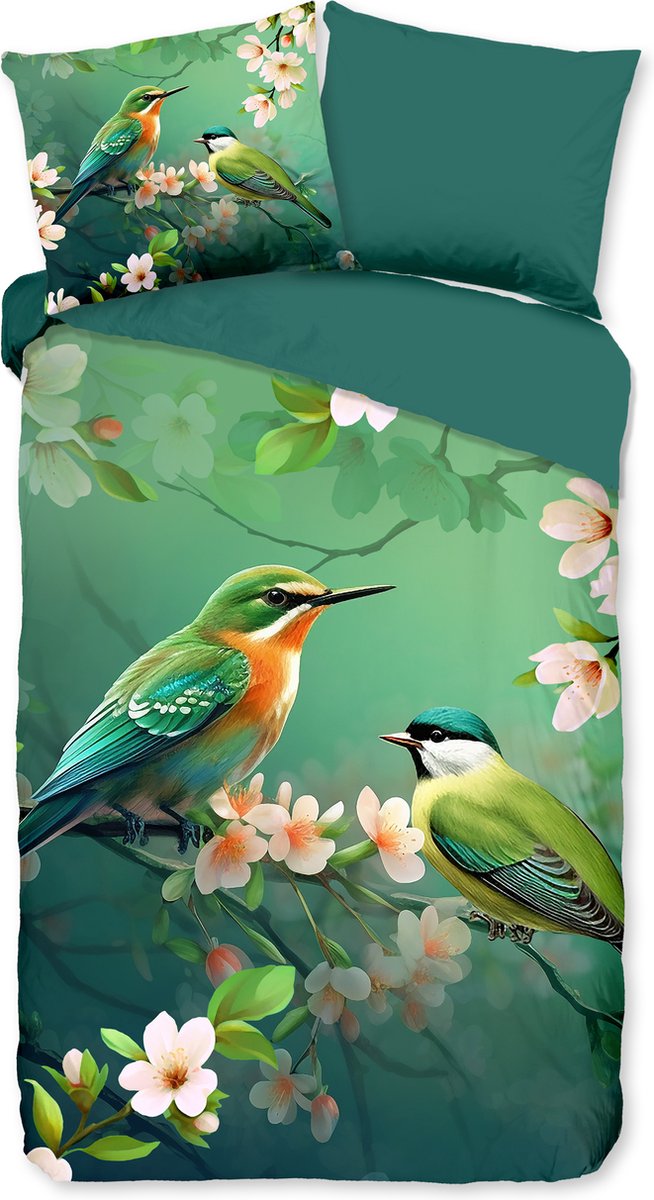 Pure dekbedovertrek bloemen en vogels - 1 persoons 140x200/220 cm - Groen - Microvezel Green