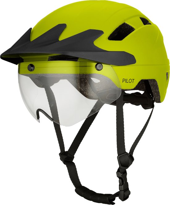 GOOFF® PILOT 4 in 1 speed pedelec helm met afneembaar vizier en regencap - transparant vizier - lichtgewicht snorfiets helm - NTA gecertificeerd speedpedelec helm - maat M fluorgeel - voor vrouwen en mannen