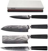Sumisu Knives - Japanse messenset 4-delig incl. slijpsteen - Black collection - 100% damascus staal - Hobbykok messenset - Geleverd in luxe geschenkdoos