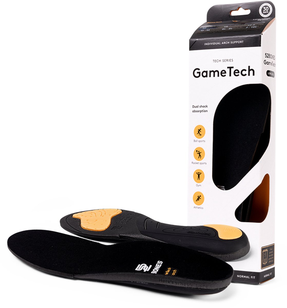 52Bones GameTech Low Arch - premium inlegzolen met lage voetboog - optimale demping hiel en voorvoet - geschikt voor voetbal, tennis, hockey en volleybal - maat 45/46 - 1 paar