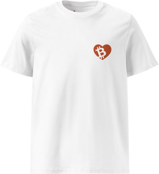 Pocket Heart - Geborduurd Bitcoin T-shirt - Unisex - 100% Biologisch Katoen - Kleur Wit - Maat 3XL | Bitcoin cadeau| Crypto cadeau| Bitcoin T-shirt| Crypto T-shirt| Crypto Shirt| Bitcoin Shirt| Bitcoin Merch| Crypto Merch| Bitcoin Kleding