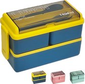 Lunchbox - 1400ml Bento Box -Voor Volwassenen en Kinderen - Lunchbox met vakjes en bestek - Kunststof - Geschikt voor Magnetron - Lekvrij - Blauw